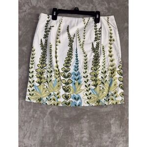 LOFT Floral A-Line Skirt Size 6 White Green Blue Botanical Print Knee Length EUC